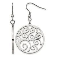 Silver-toned dangle earrings with fish hook wires, featuring round pendants with open scrollwork spiral design.