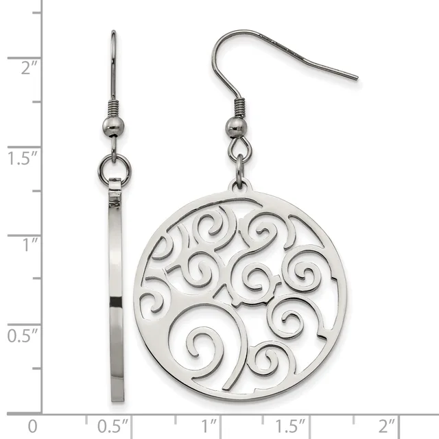 A pair of silver-toned dangle earrings with decorative spiral patterns on circular pendants, displayed next to a measurement ruler showing approximately two inches in total length.