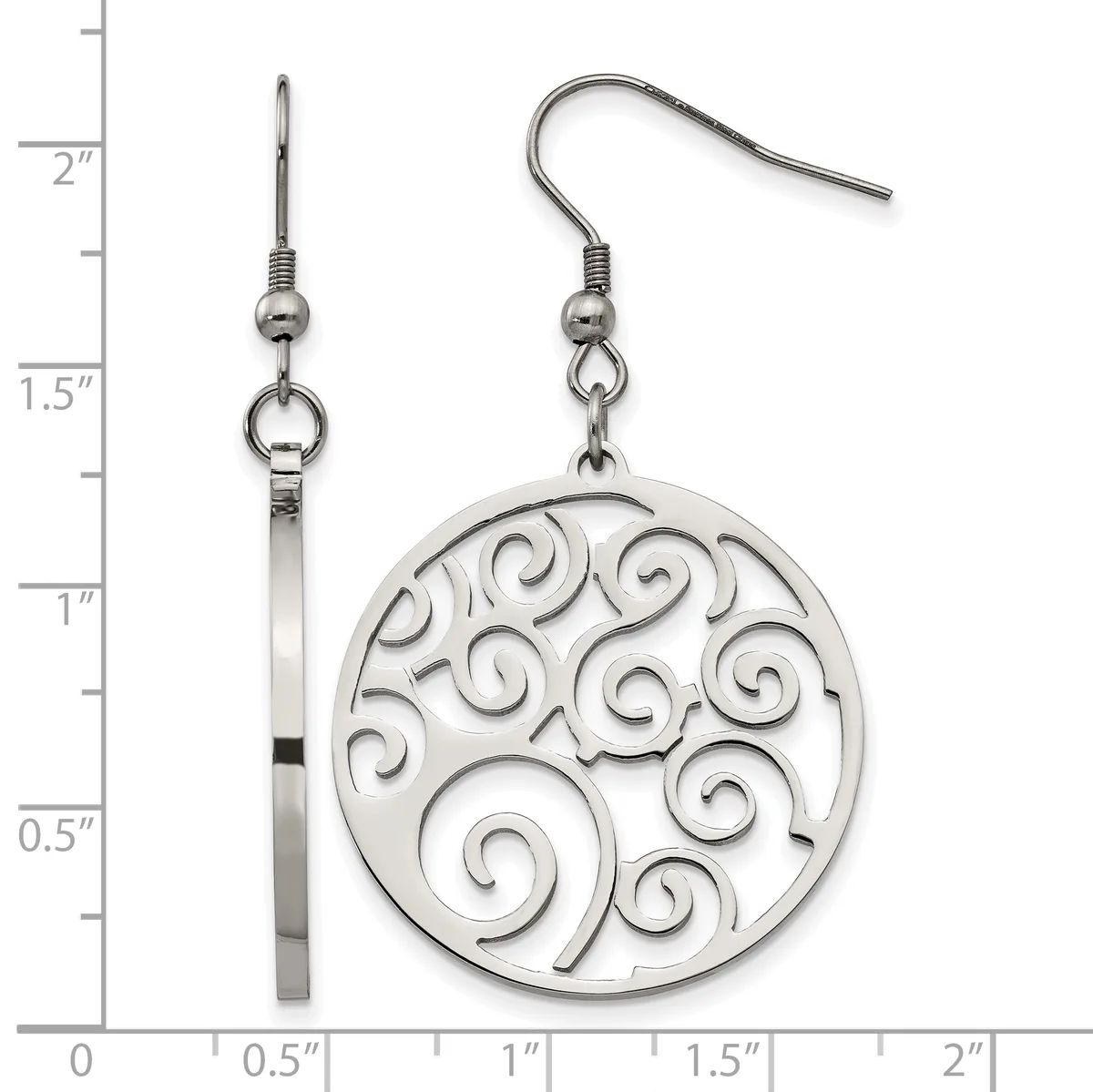 A pair of silver-toned dangle earrings with decorative spiral patterns on circular pendants, displayed next to a measurement ruler showing approximately two inches in total length.
