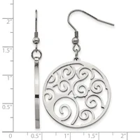 A pair of silver-toned dangle earrings with decorative spiral patterns on circular pendants, displayed next to a measurement ruler showing approximately two inches in total length.