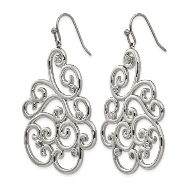 A pair of silver-toned dangle earrings with intricate scrollwork designs featuring multiple spiraling loops and small diamond accents, suspended from fish hook ear wires.