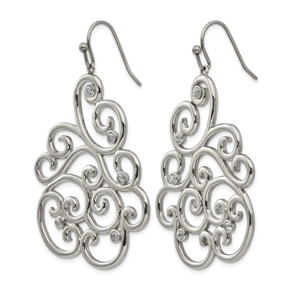 A pair of silver-toned dangle earrings with intricate scrollwork designs featuring multiple spiraling loops and small diamond accents, suspended from fish hook ear wires.