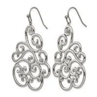 A pair of silver-toned dangle earrings with intricate scrollwork designs featuring multiple spiraling loops and small diamond accents, suspended from fish hook ear wires.