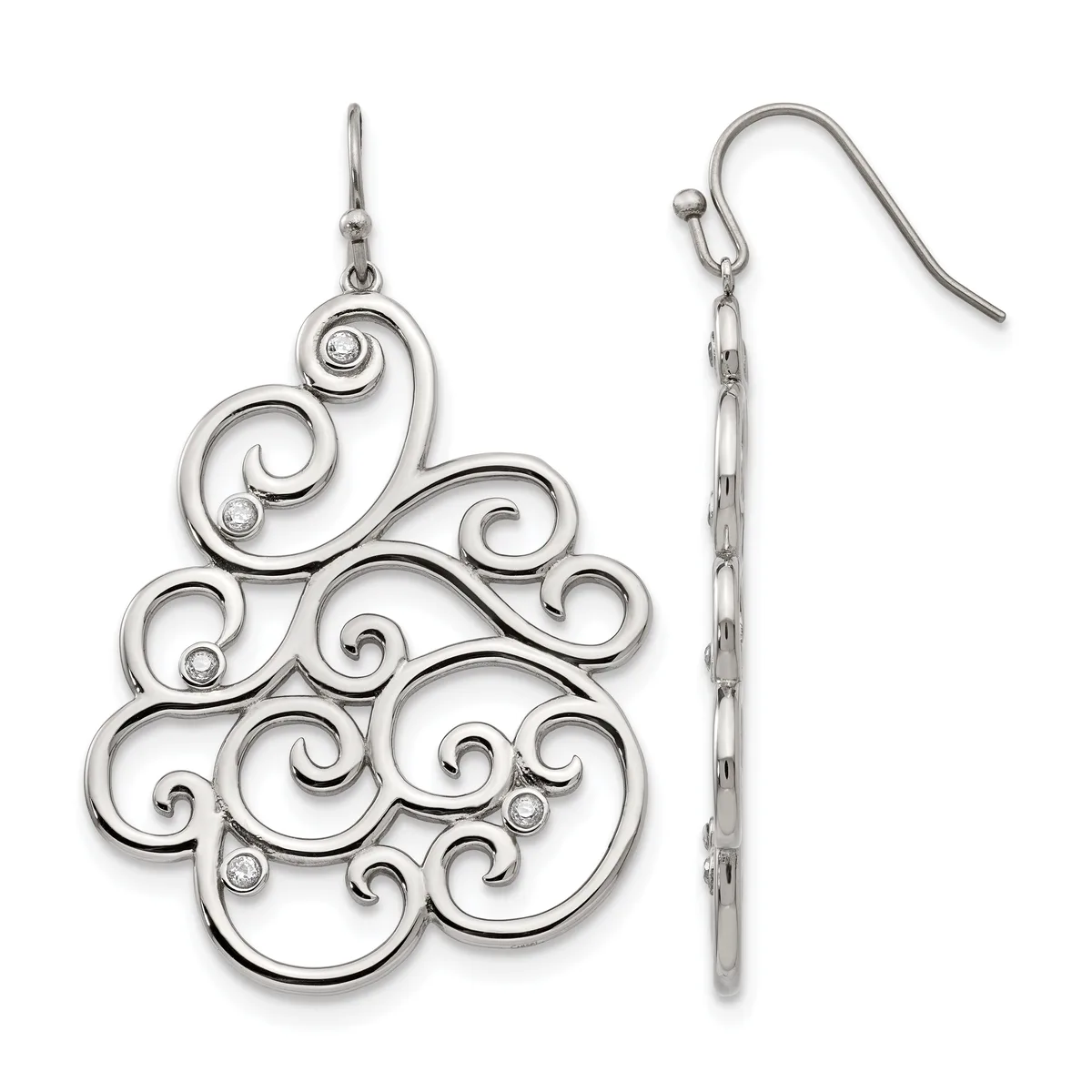 A pair of silver-toned dangle earrings with ornate scrolling filigree designs accented with small round crystals, shown front and side view.