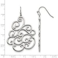 A pair of silver ornamental spiral dangle earrings with swirling filigree design, shown front and side view against a measurement scale.