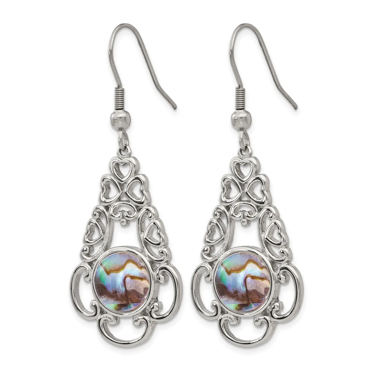 Pair of silver-toned ornate teardrop earrings with heart cutouts and iridescent round stone centers, suspended from silver fish-hook wires.