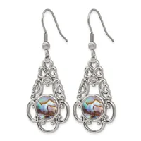 Pair of silver-toned ornate teardrop earrings with heart cutouts and iridescent round stone centers, suspended from silver fish-hook wires.