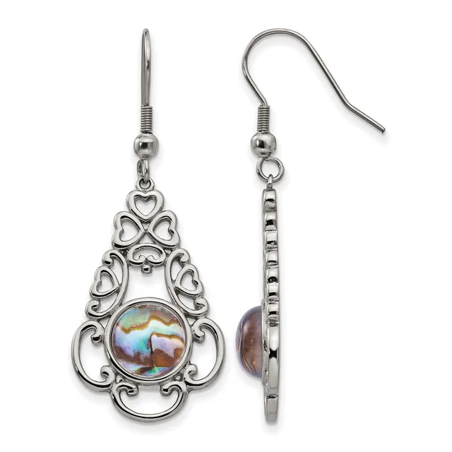 Pair of silver-toned ornate teardrop earrings with scrollwork filigree design and iridescent abalone shell centers, shown front and back views.