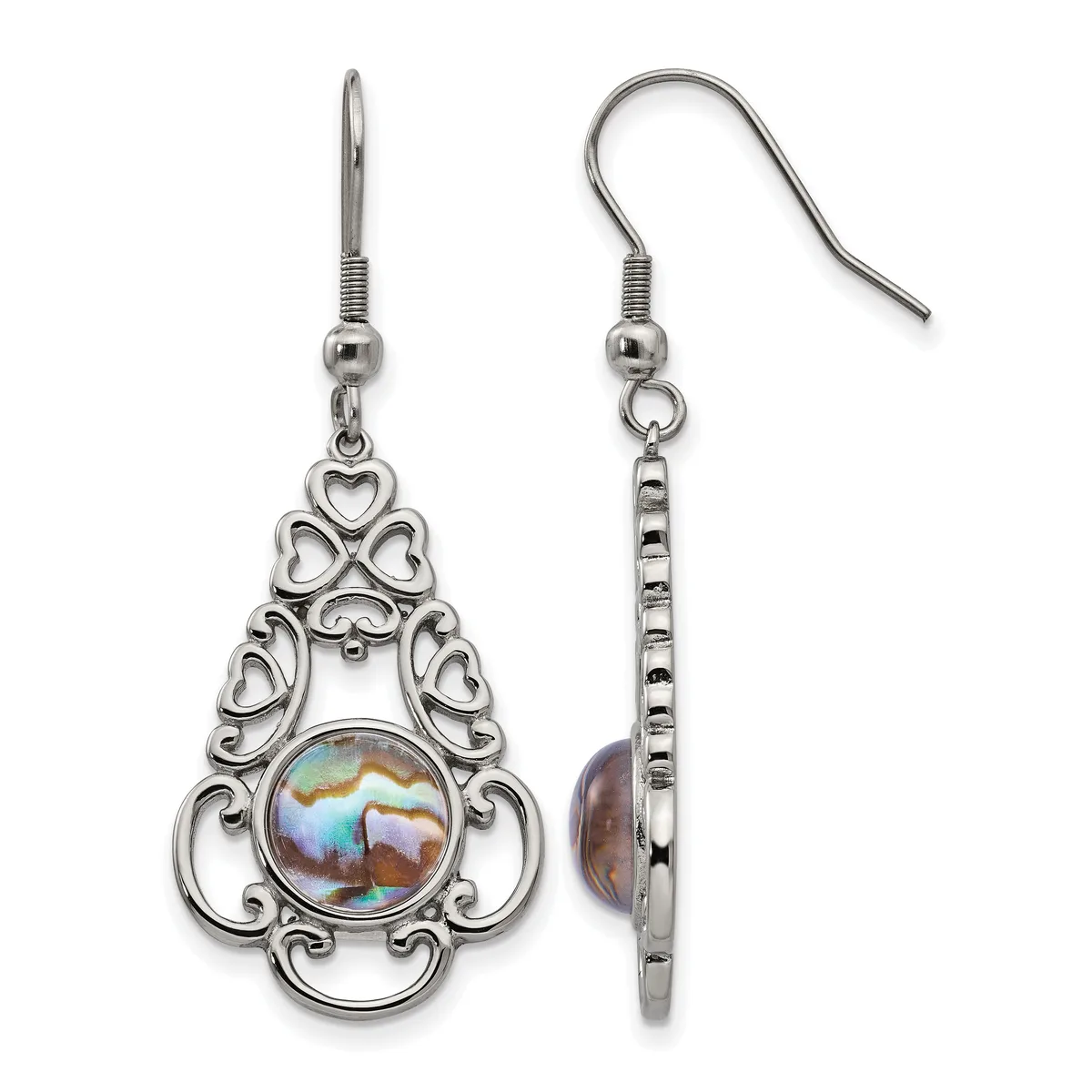 Pair of silver-toned ornate teardrop earrings with scrollwork filigree design and iridescent abalone shell centers, shown front and back views.