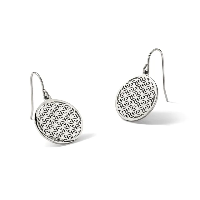 A pair of silver drop earrings with circular pendants featuring a geometric flower-of-life pattern, suspended from curved ear wires.