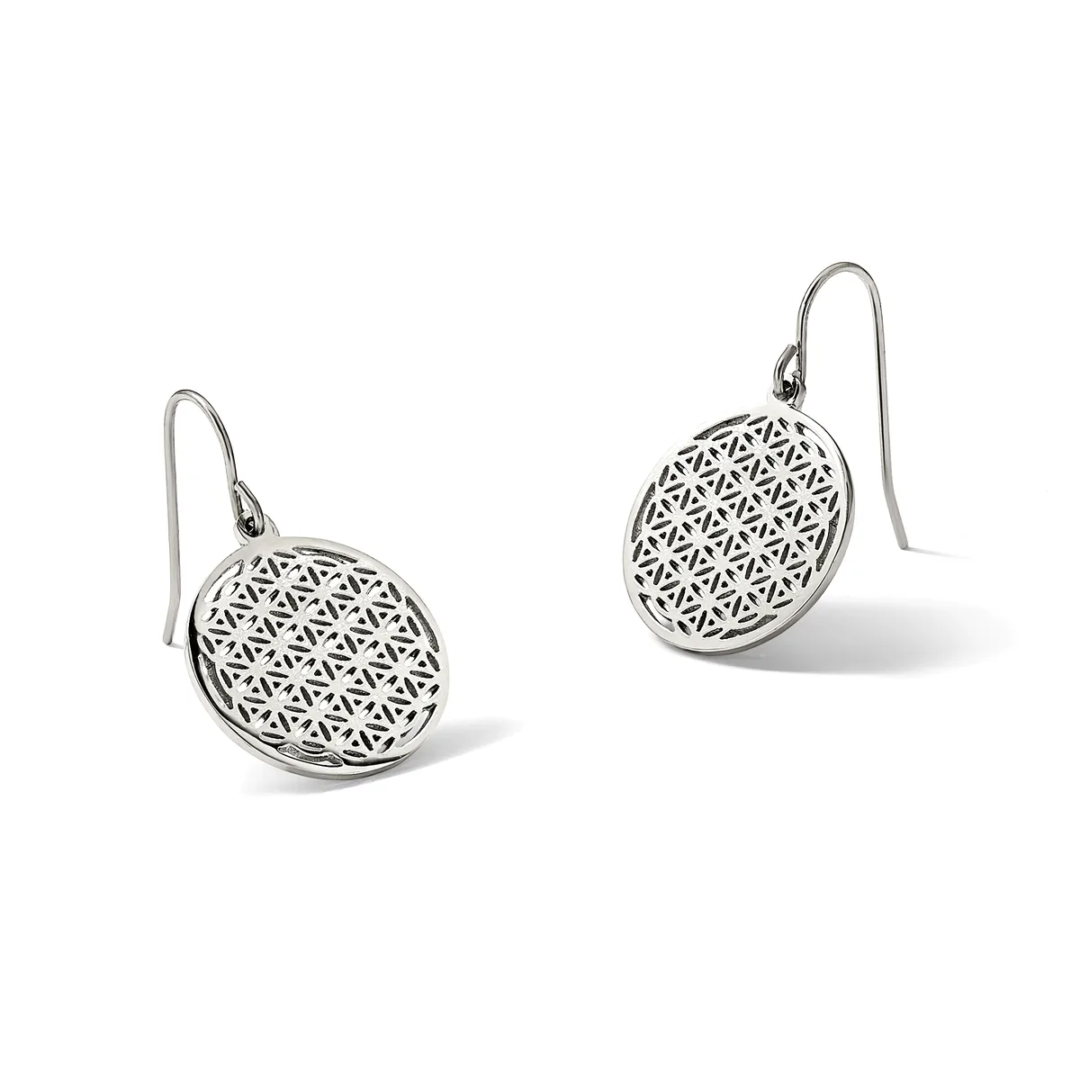 A pair of silver drop earrings with circular pendants featuring a geometric flower-of-life pattern, suspended from curved ear wires.