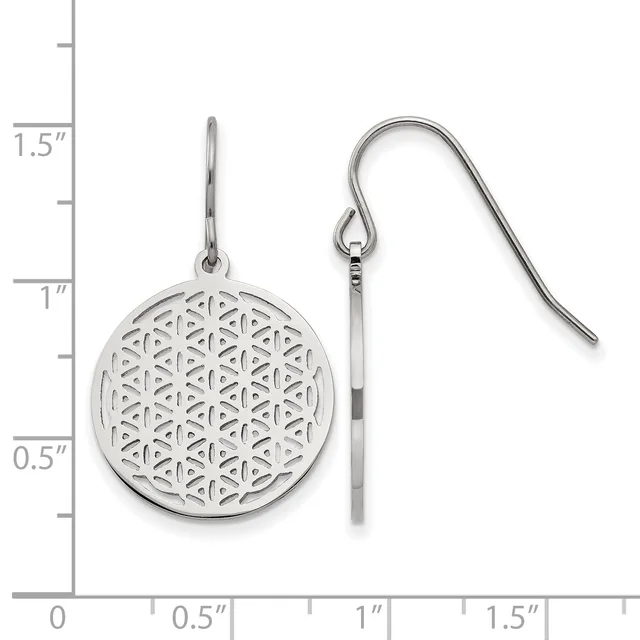 Pair of silver dangle earrings featuring circular geometric flower pattern pendants with French wire hooks, displayed next to a measurement ruler.