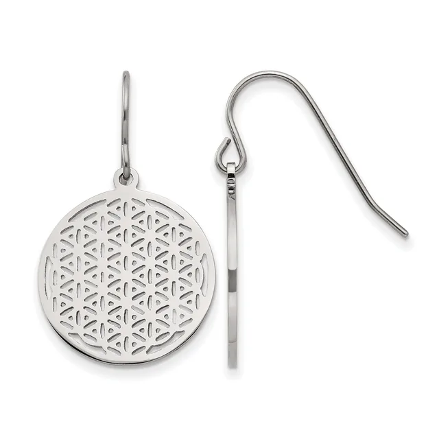 Pair of silver drop earrings with circular filigree pendants featuring a geometric flower-of-life pattern, suspended from curved ear wires.