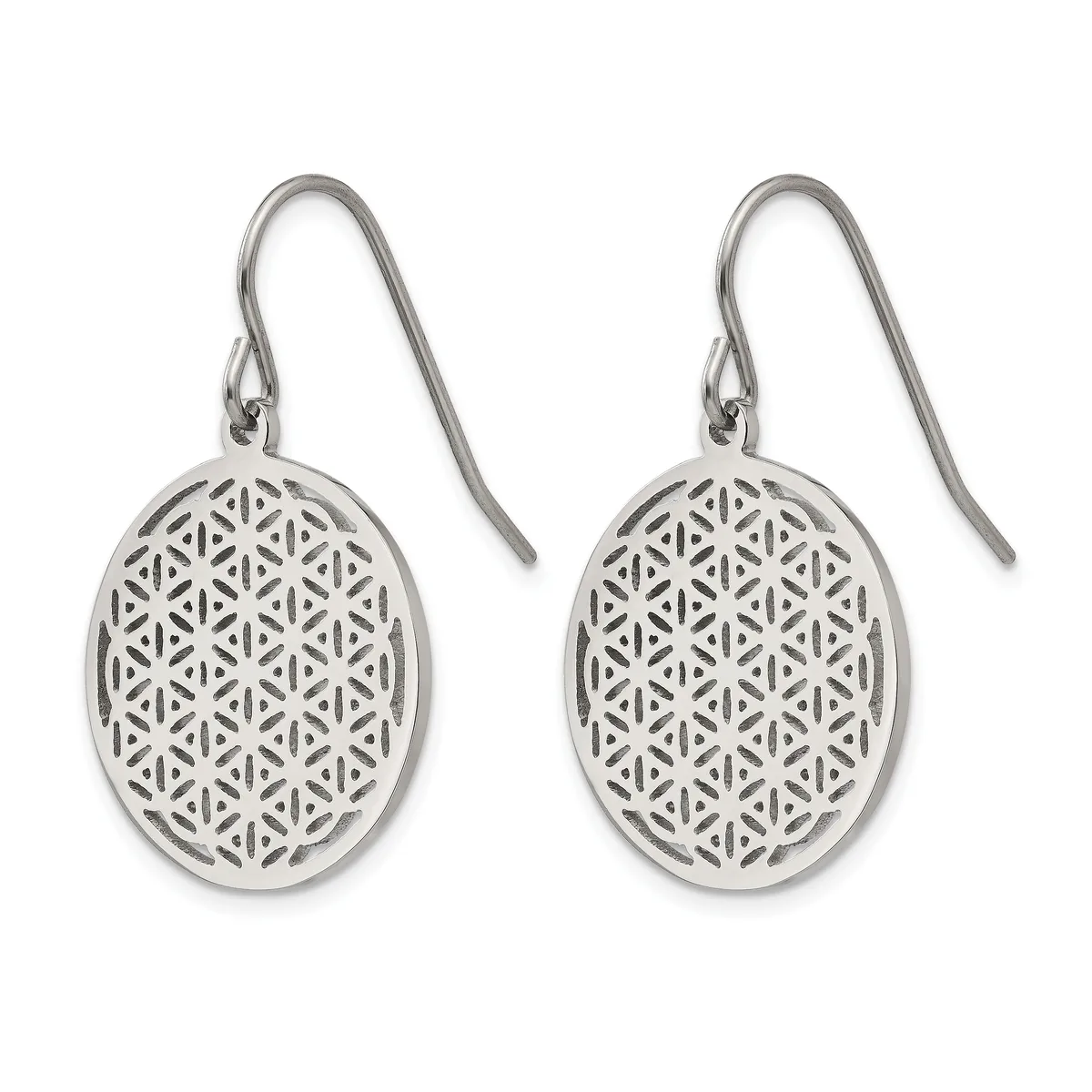 A pair of silver oval drop earrings with geometric flower-pattern cutouts, suspended from curved wire hooks.