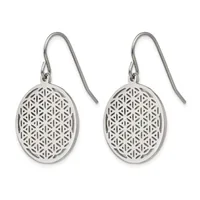 A pair of silver oval drop earrings with geometric flower-pattern cutouts, suspended from curved wire hooks.