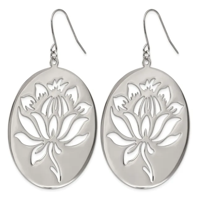 A pair of silver oval drop earrings with cutout lotus flower designs, suspended from curved ear wires.
