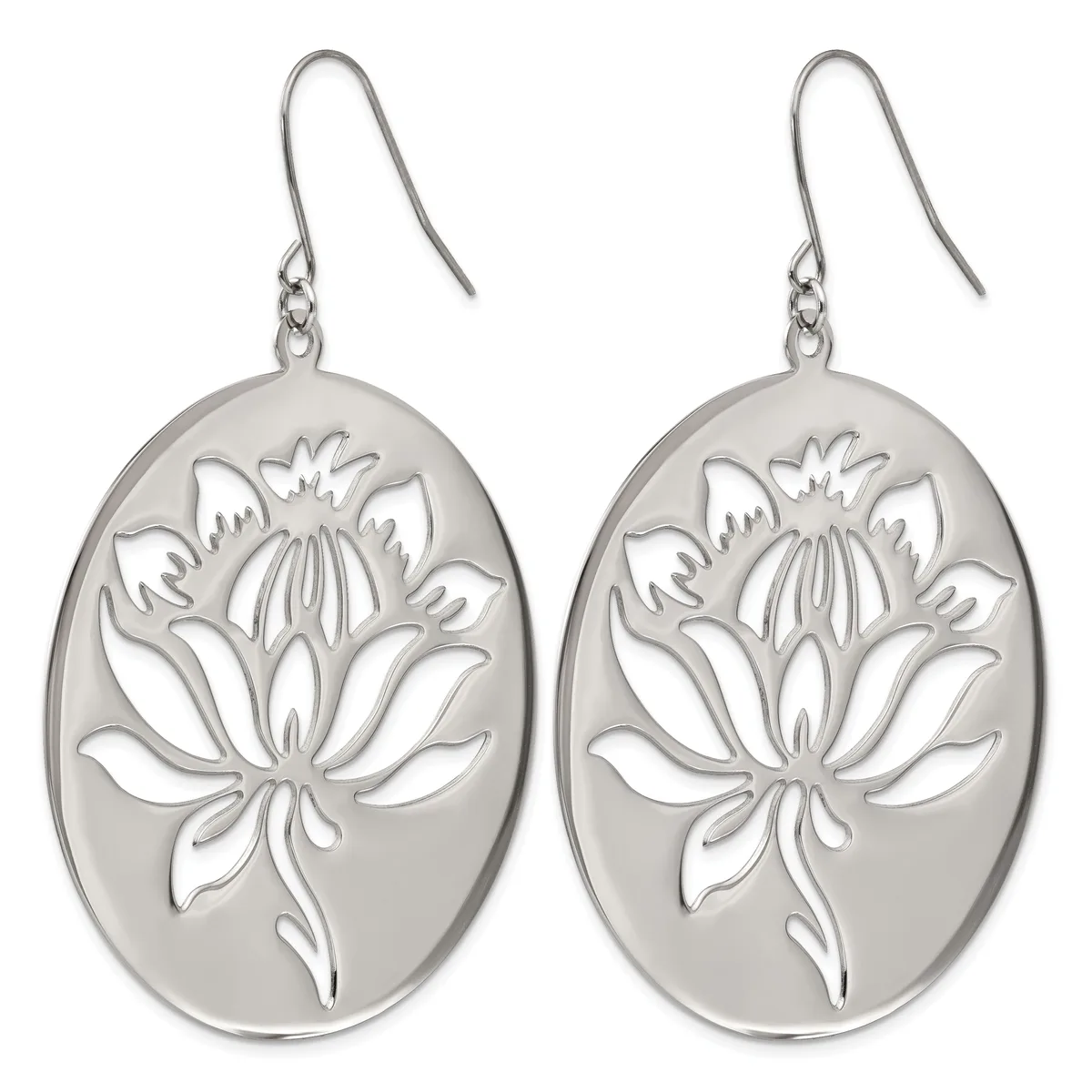 A pair of silver oval drop earrings with cutout lotus flower designs, suspended from curved ear wires.