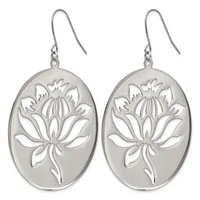 A pair of silver oval drop earrings with cutout lotus flower designs, suspended from curved ear wires.