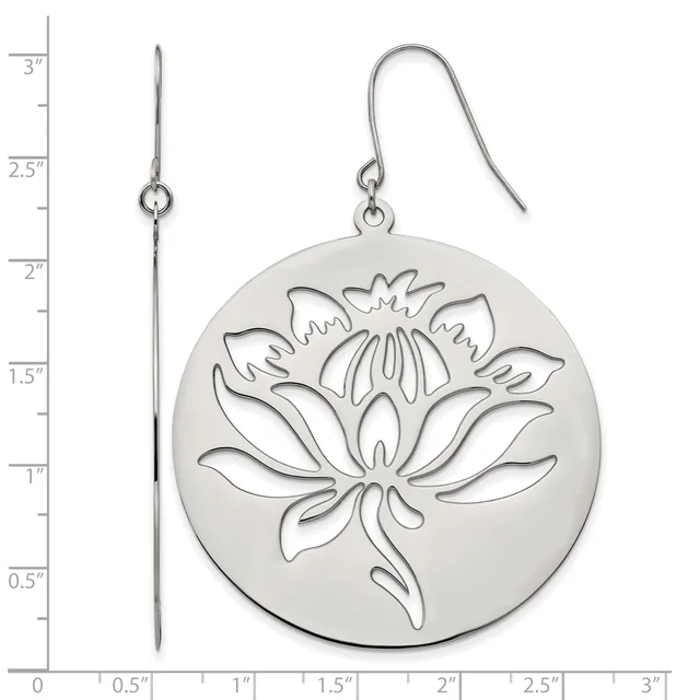 A pair of silver drop earrings with a circular disc pendant featuring an engraved lotus flower design, shown with a measurement ruler indicating approximately 1 inch diameter.