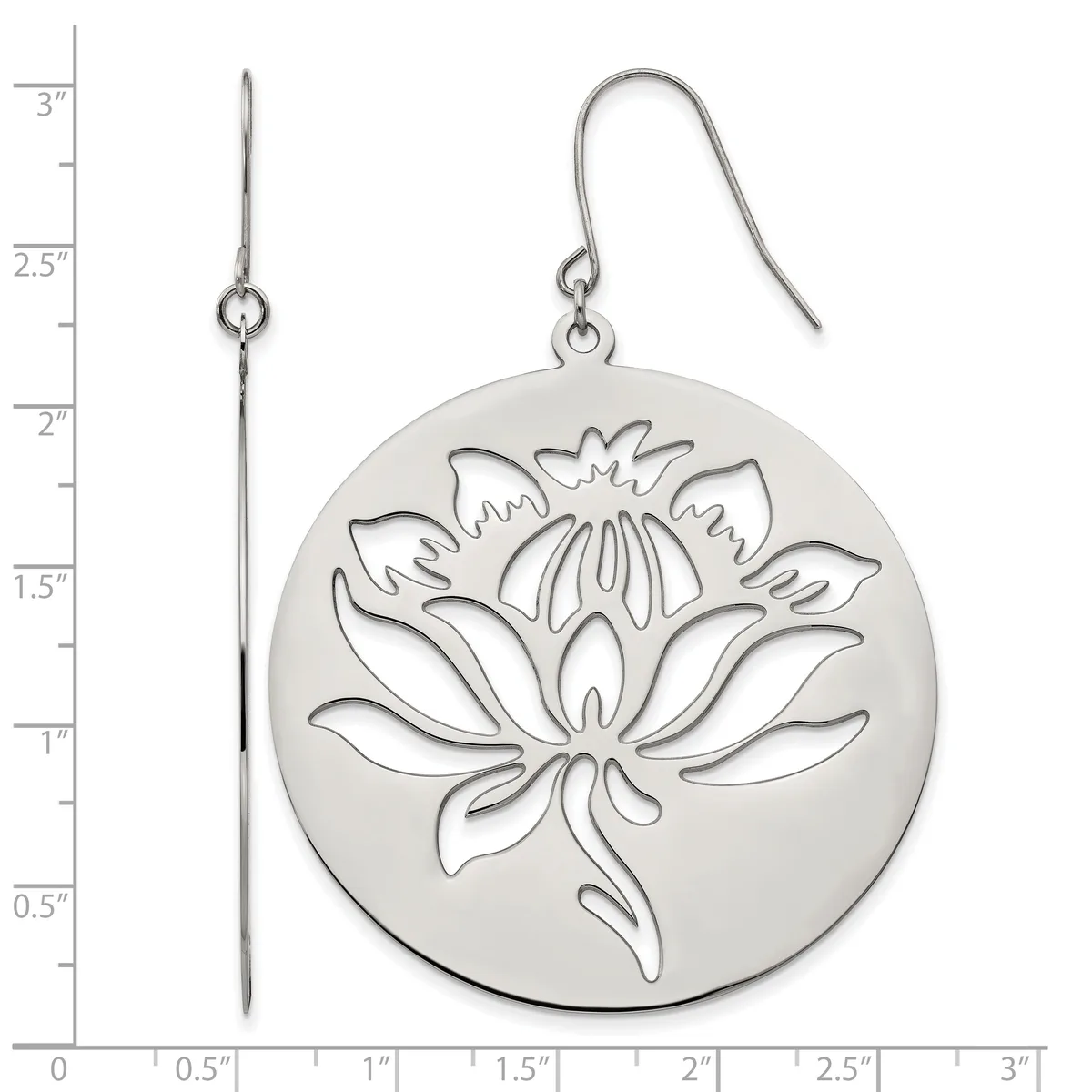 A pair of silver drop earrings with a circular disc pendant featuring an engraved lotus flower design, shown with a measurement ruler indicating approximately 1 inch diameter.