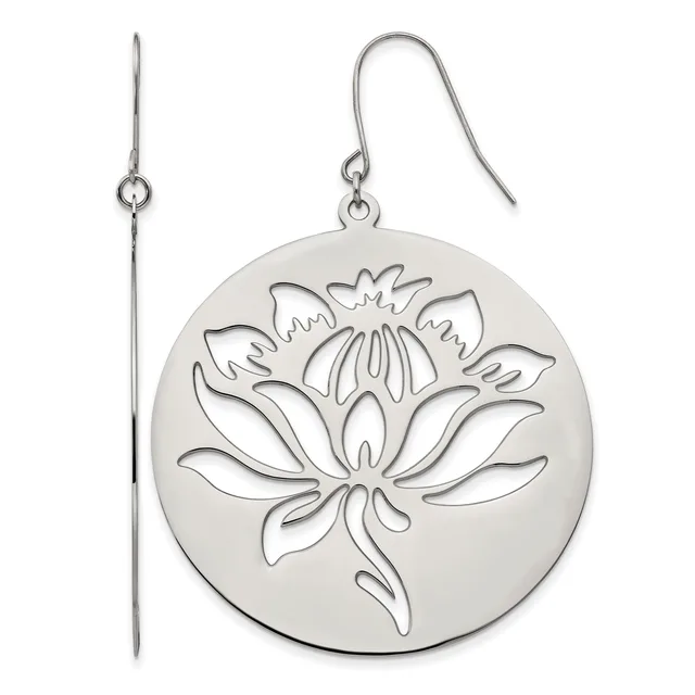 Silver dangle earrings with circular lotus flower pendants on fish hook wires, shown from front and side views.