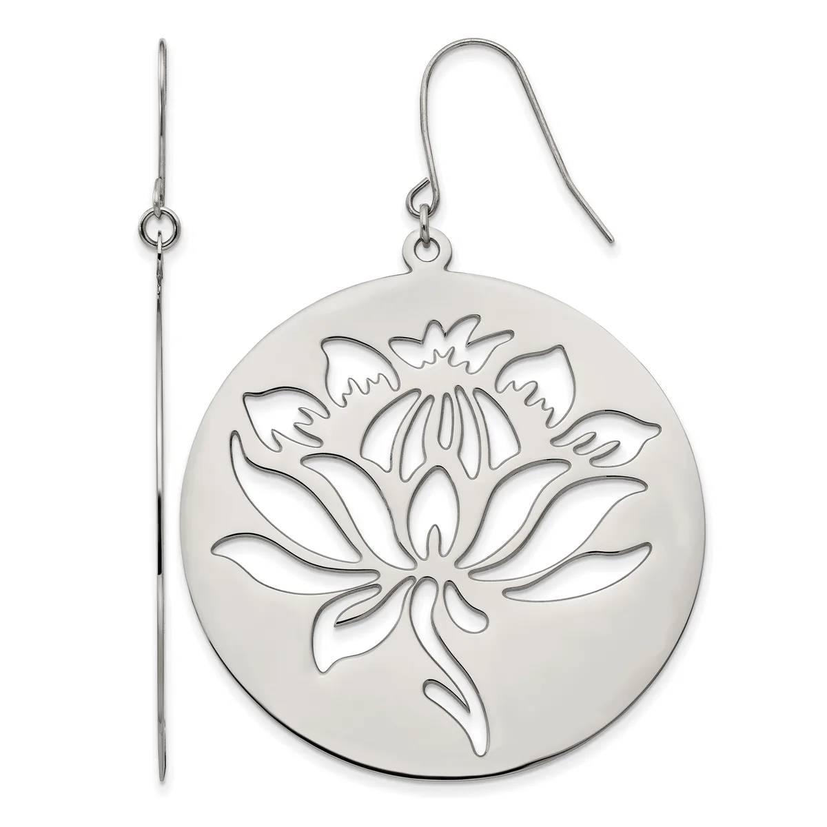 Silver dangle earrings with circular lotus flower pendants on fish hook wires, shown from front and side views.