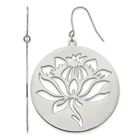 Silver dangle earrings with circular lotus flower pendants on fish hook wires, shown from front and side views.