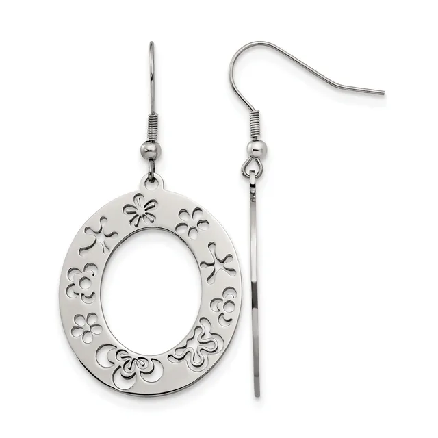 A pair of silver-toned dangle earrings with ornate oval frames featuring filigree flower and scroll designs, shown hanging from fish hook wires.