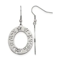 A pair of silver-toned dangle earrings with ornate oval frames featuring filigree flower and scroll designs, shown hanging from fish hook wires.
