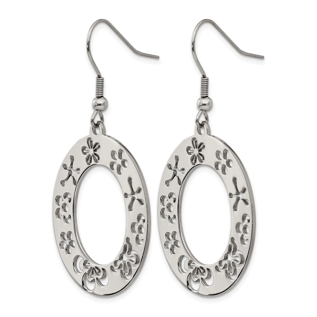 A pair of silver-toned oval dangle earrings with decorative floral and geometric cutout patterns throughout, suspended from shepherd's hook ear wires.