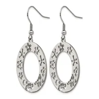 A pair of silver-toned oval dangle earrings with decorative floral and geometric cutout patterns throughout, suspended from shepherd's hook ear wires.