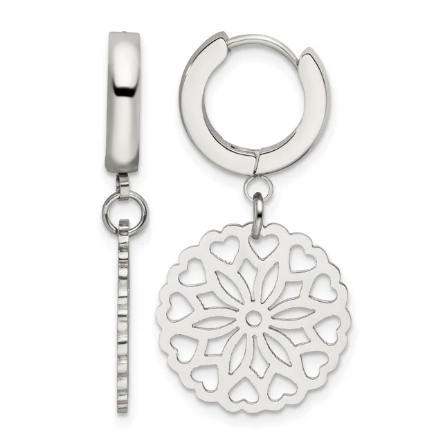 Pair of silver-toned hoop earrings, one plain and elongated with a chain attachment, the other featuring a decorative circular pendant with heart and leaf cutout designs.