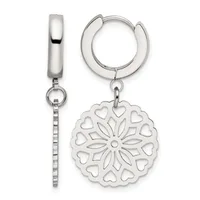 Pair of silver-toned hoop earrings, one plain and elongated with a chain attachment, the other featuring a decorative circular pendant with heart and leaf cutout designs.