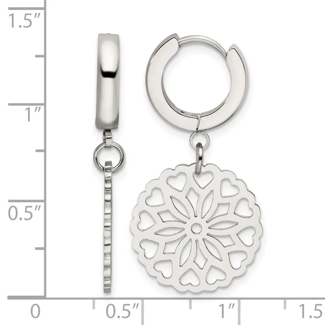 Pair of silver huggie hoop earrings with detachable snowflake charm pendants featuring heart cutouts, shown with measurement scale.