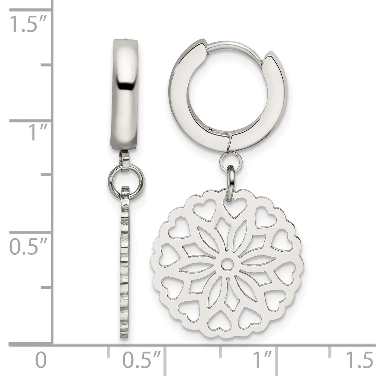 Pair of silver huggie hoop earrings with detachable snowflake charm pendants featuring heart cutouts, shown with measurement scale.