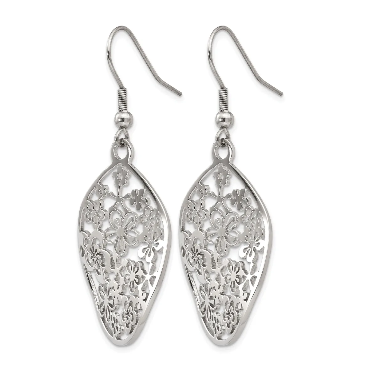 A pair of silver-toned dangle earrings with filigree flower-patterned oval pendants hanging from curved fish hook wires.