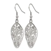 A pair of silver-toned dangle earrings with filigree flower-patterned oval pendants hanging from curved fish hook wires.