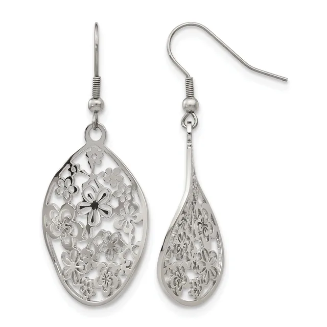 Pair of silver filigree dangle earrings with flower motifs, featuring an oval-shaped design on the left and a teardrop-shaped design on the right, suspended from hook-style ear wires.