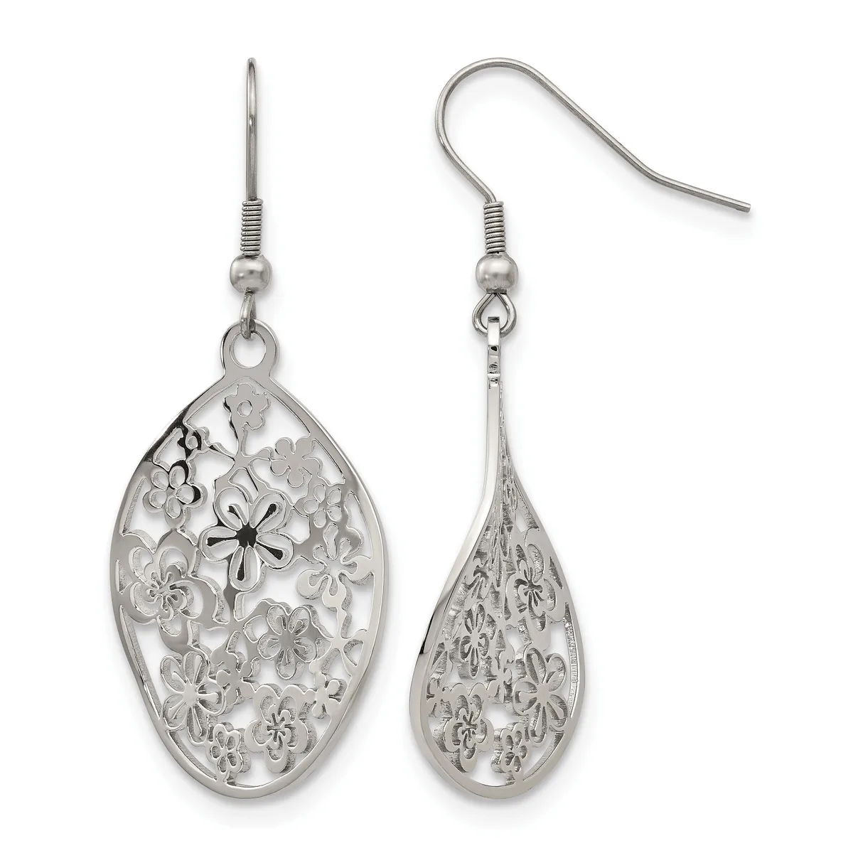 Pair of silver filigree dangle earrings with flower motifs, featuring an oval-shaped design on the left and a teardrop-shaped design on the right, suspended from hook-style ear wires.