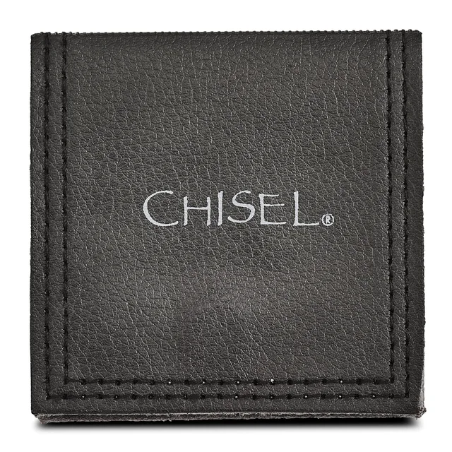 A black leather jewelry box with stitched edges, shown closed from above against a white background.