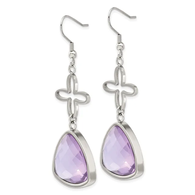 Pair of silver-tone dangle earrings with decorative cross charms above teardrop-shaped faceted amethyst stones, shown hanging against a white background.