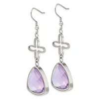 Pair of silver-tone dangle earrings with decorative cross charms above teardrop-shaped faceted amethyst stones, shown hanging against a white background.