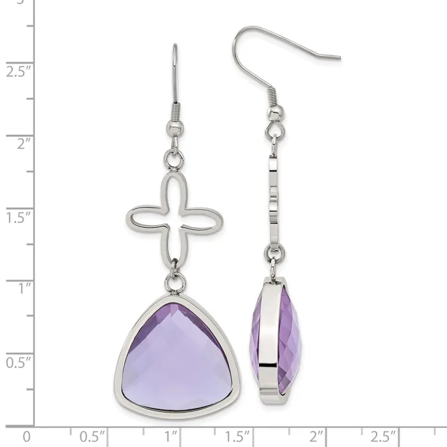 A pair of silver-tone dangle earrings with openwork cross charms above triangular faceted purple gemstones, shown front and side views against a measurement scale.