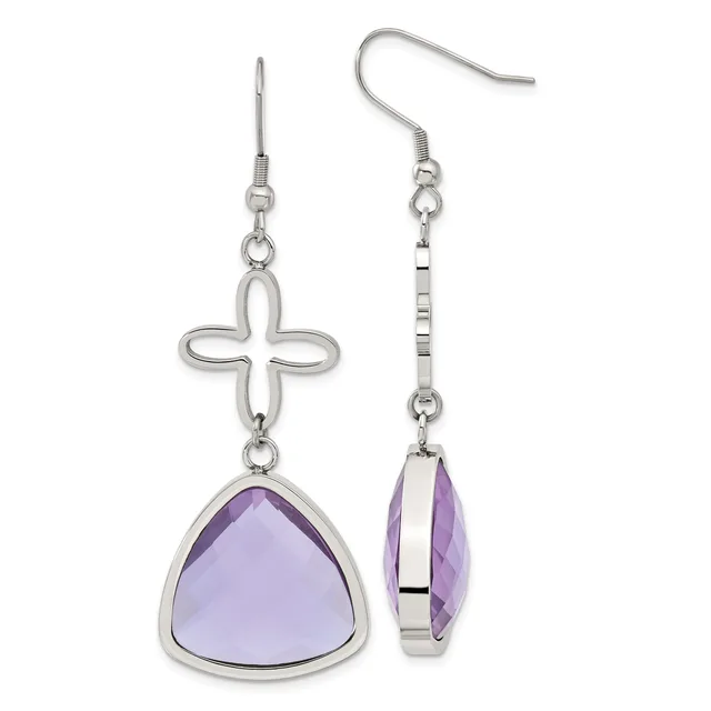 Pair of silver dangle earrings with open four-pointed cross charms above triangular faceted amethyst stones, shown front and back views.