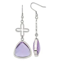 Pair of silver dangle earrings with open four-pointed cross charms above triangular faceted amethyst stones, shown front and back views.