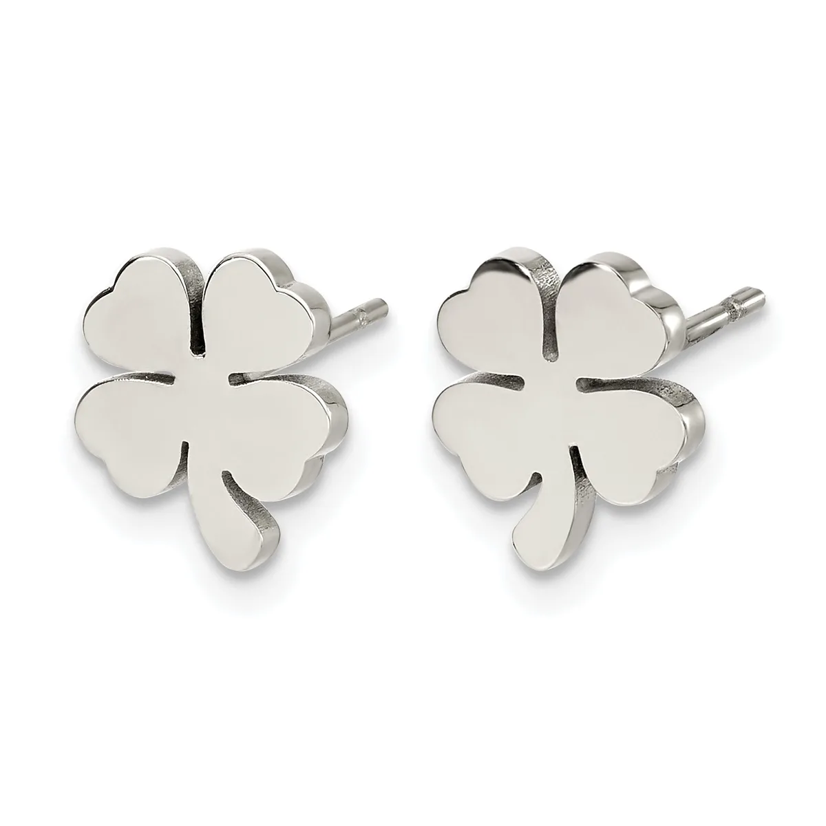 A pair of four-leaf clover stud earrings in polished silver metal, shown from the front on posts with backs visible.