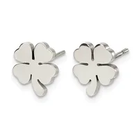 A pair of four-leaf clover stud earrings in polished silver metal, shown from the front on posts with backs visible.