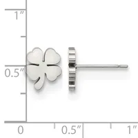 A pair of four-leaf clover stud earrings in polished silver, shown front and side view against a measurement scale indicating approximately half an inch in width.