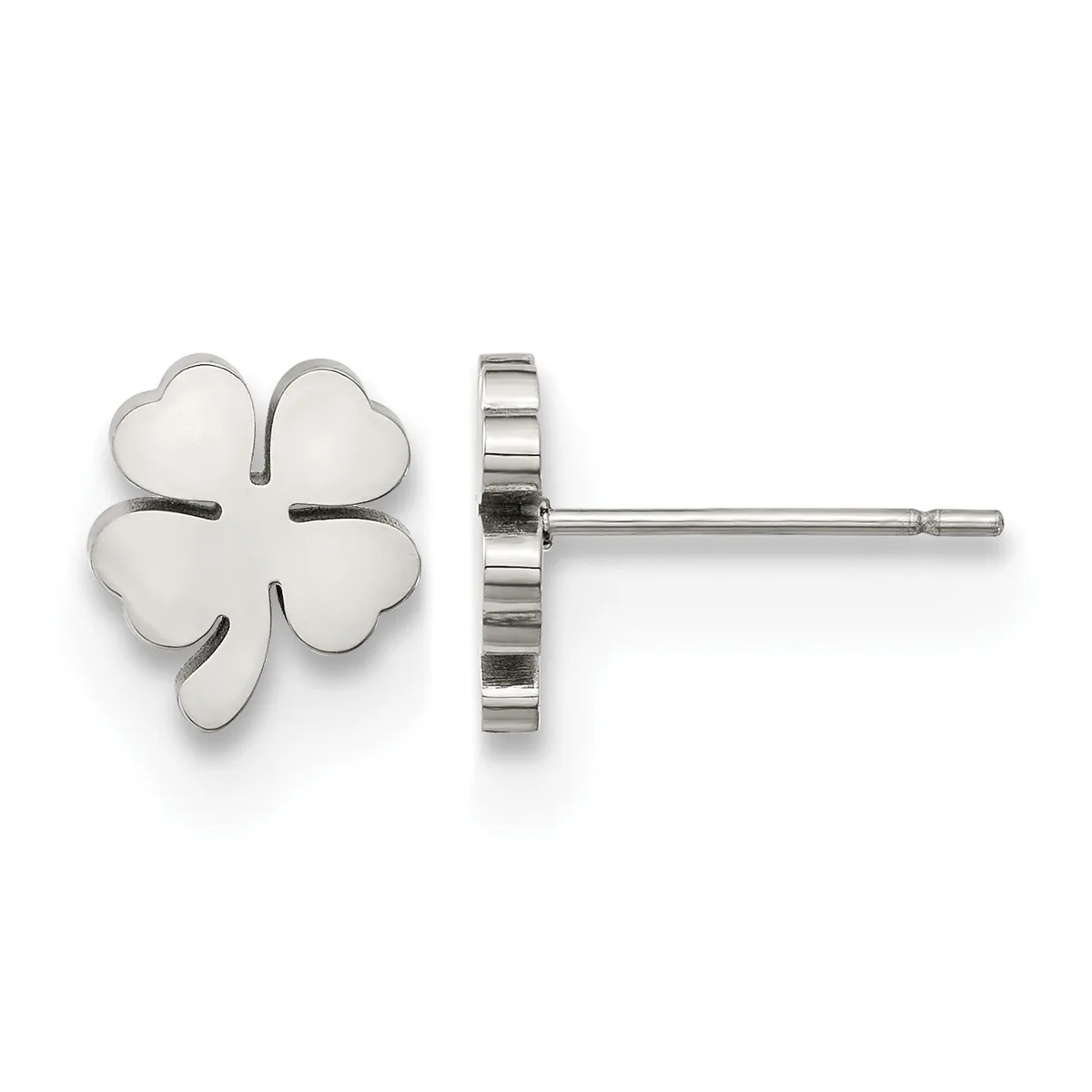 A pair of four-leaf clover shaped stud earrings in polished silver metal, shown from front and side views on a post and backing.