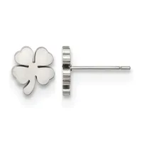 A pair of four-leaf clover shaped stud earrings in polished silver metal, shown from front and side views on a post and backing.